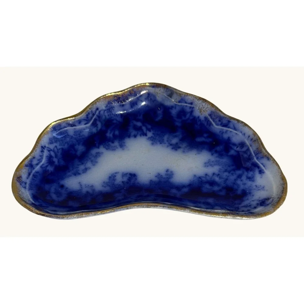 Antique Flow Blue Bone Dish W&E Corn Garland Porcelaine Royale Gold Trim 1890s - Picture 2 of 9